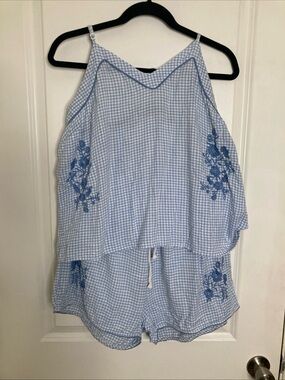 Japna Lounge Pajama Set Women's XL Cottagecore Blue White Embroidered Floral
